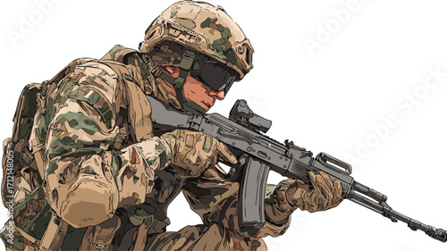 Isometric Soldier in Camouflage Holding Weapon
