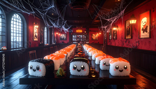 Spooky Sushi Restaurant Halloween Decor: Long Table of Kawaii Sushi