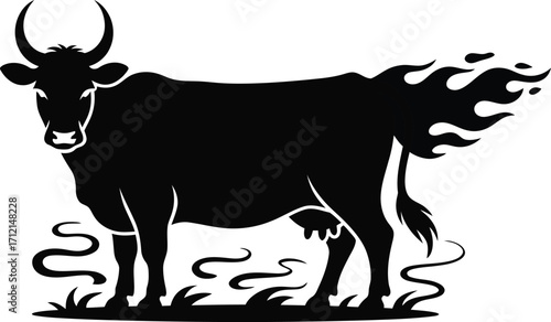 Black and white vector illustration of farm animal silhouettes, including a cow 