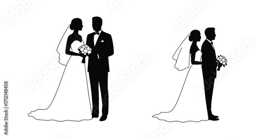 Elegant wedding couple silhouettes in black and white side and front views