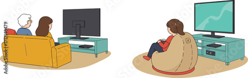 Family watching television illustration, child playing video game, living room scene, modern home entertainment, people relaxing together, TV cartoon vector