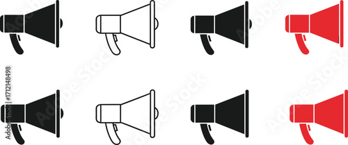 Megaphone icons set, loudspeaker symbol, black and red communication design, announcement vector, marketing promotion graphic, social media alert illustration
