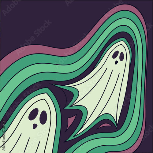 Abstract Retro Style Ghosts with Wavy Lines and Dark Purple Background Halloween