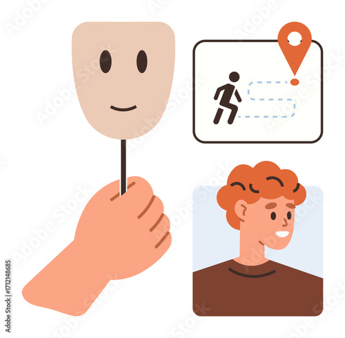 Hand holding a smiling mask, location pin with a running figure, and a smiling person. Ideal for self-discovery, identity, emotions, journey, psychology transformation minimal design. A simple flat