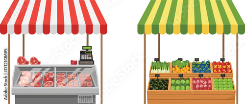 Farmers market illustration, fresh vegetables stall, butcher meat shop, grocery marketplace, organic food stand, street market design, healthy eating concept, retail shop