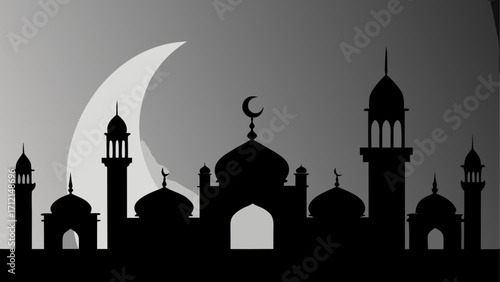 Silhouette of mosque with moon background