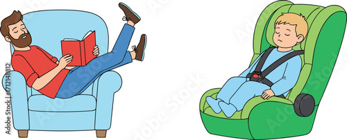 Father relaxing reading book in armchair, child sleeping in car seat, family lifestyle, safety, comfort, parenting, education, home illustration