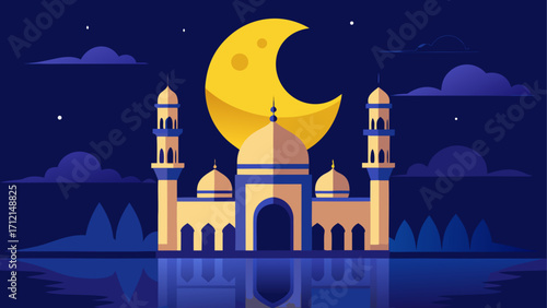Illustration of a mosque under the moonlight