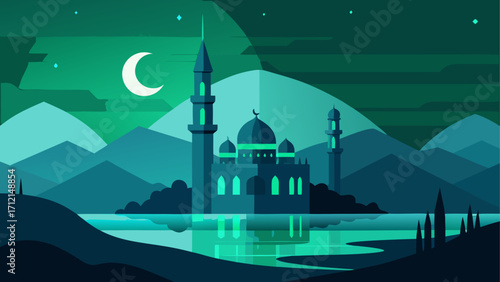Mosque landscape with moon and mountains