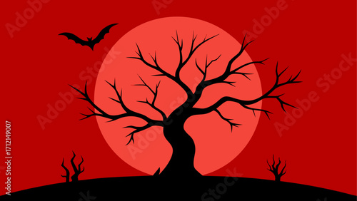 Silhouette tree against a red full moon