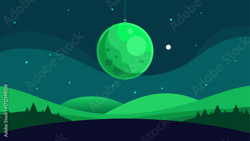 Green moon hanging over rolling hills night