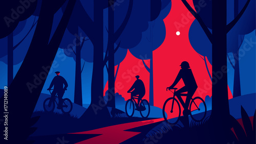 People cycling through a forest at night