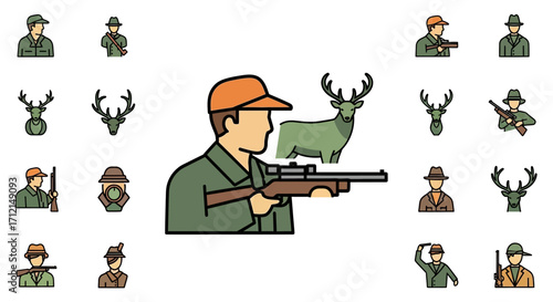 Hunter with Rifle and Deer in a Field of Icons.