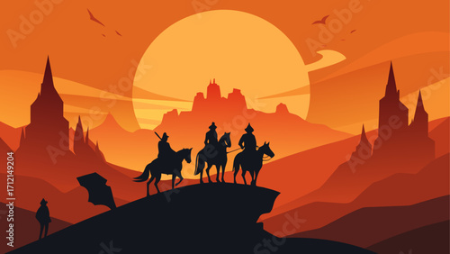 Silhouette riders at sunset landscape art