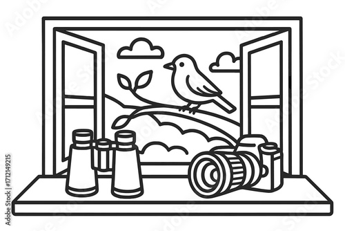 Birdwatching from home concept. Window view with camera and binoculars for wildlife photography. Bird on branch. Nature observation hobby, outdoor leisure linear vector illustration.