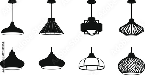 Modern pendant lamp silhouettes, ceiling light fixture collection, decorative interior lighting design, stylish home illumination, contemporary chandelier alternatives, black vector illustration