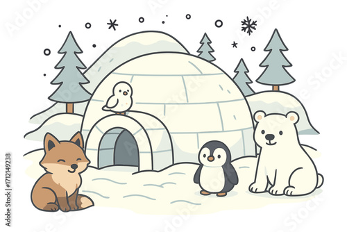 Cute arctic animals in winter wonderland. Polar bear, penguin, and fox near an igloo. Cartoon vector illustration for kids. North Pole snowy landscape background concept.