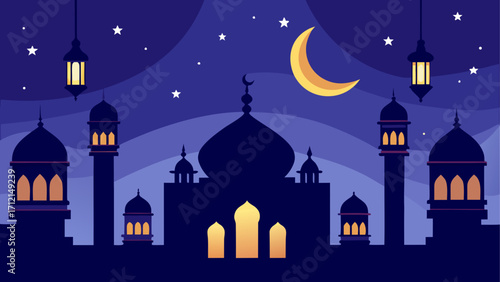 Mosque silhouette with moon and lanterns
