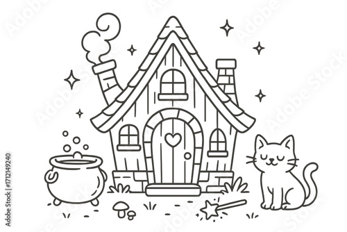 Witch house line art with cat, cauldron, magic wand. Cute Halloween vector cartoon illustration. Fairytale fantasy magic cottage coloring page for kids. Black white sketch.