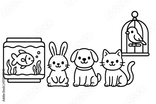 Collection of cute cartoon pet animals in outline style. Vector set includes a puppy, kitten, bunny, fish in a tank, and a bird in a birdcage. Kawaii characters for coloring.