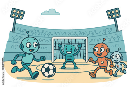 Cartoon robots playing soccer in a stadium. AI androids in football match competition. Future technology in sports. Cute vector character illustration for kids. Goalie action.
