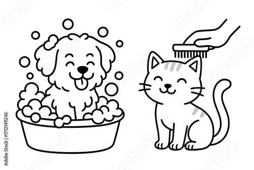 Pet grooming services concept with cute cartoon animals. Happy dog bathing in a tub with soap bubbles and a content cat being brushed. Vector outline illustration set for pet care.