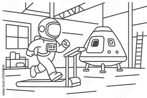 Astronaut runs on treadmill in training center. Spaceman workout for space mission. Cosmonaut fitness preparation. Space capsule in hangar. Vector line art cartoon.