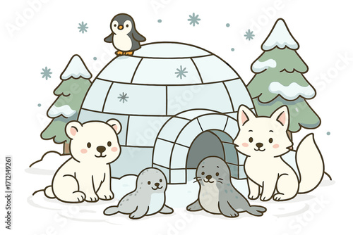 Cute arctic animals vector set in winter wonderland. Kawaii cartoon illustration of polar bear, seal, penguin, arctic fox by igloo. Cozy Christmas scene with snowy trees for kids.