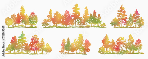 Autumn tree sketch set. Fall watercolor clipart. Hand drawn graphic autumn forest clip art. Composition of different trees, shrubs and grass isolated on white background. Vector illustration