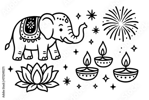 Diwali celebration vector icon set. Cartoon elephant, lotus, diya oil lamp, fireworks. Black & white line art. Happy Deepavali, Hindu festival of lights India symbols.