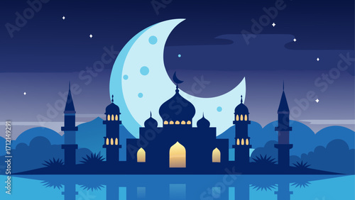 Silhouette mosque with crescent moon night
