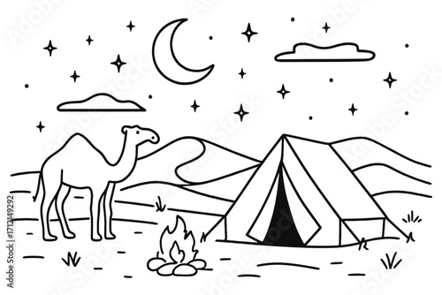 Desert night camping line art with camel. Vector illustration of Sahara landscape with tent, campfire, dunes under a starry sky. Minimalist travel adventure concept.
