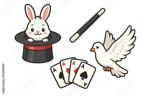 Magic show elements cartoon vector set. Magician trick with a rabbit in a top hat, a dove, a wand, and playing cards aces. Illusionist performance icons for entertainment.