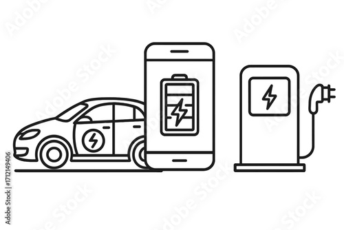 Electric car charging station with smartphone app control. Vector line art illustration showing an EV connected to a power charger and battery status on a mobile device.