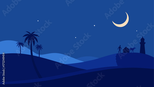 Night scene with moon palms and figures