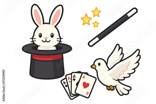 Magic show cartoon icon set. Magician trick elements collection. Vector illustration of a cute bunny in a top hat, magic wand, flying dove, and four aces playing cards.