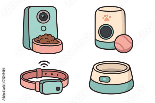 Set of modern pet gadgets in pastel colors. Smart devices for pets concept. Vector cartoon illustration includes automatic food feeder, GPS tracker collar, water bowl & ball launcher.