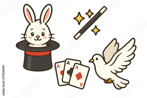 Magic show elements cartoon vector set. Cute magician icons for entertainment, performance and tricks. Rabbit in a top hat, magic wand, dove, and aces playing cards.
