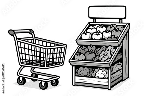 Grocery shopping scene with cart and produce display. Monochrome vector cartoon illustration of a supermarket vegetable and fruit stand. Healthy food retail concept. Fresh market icon.
