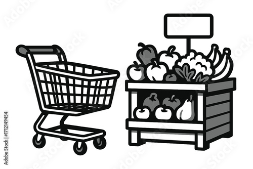 Grocery shopping scene with cart and produce display. Vector illustration of supermarket, market, or store. Healthy food, fresh fruits and vegetables. Monochrome icon set.
