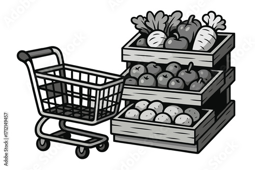 Monochrome grocery shopping scene with cart and produce display. Vector illustration of a supermarket aisle with fresh vegetables and fruits in wooden crates. Healthy food.