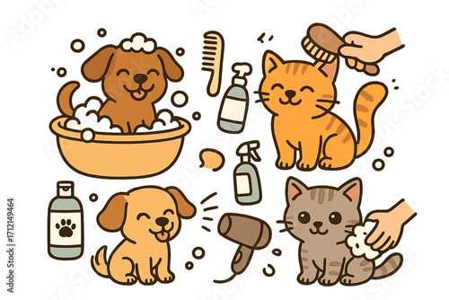 Pet grooming vector icon set. Cute cartoon dog and cat in bath. Animal care, washing, brushing, drying. Pet salon, veterinary, hygiene and cleaning service illustration.