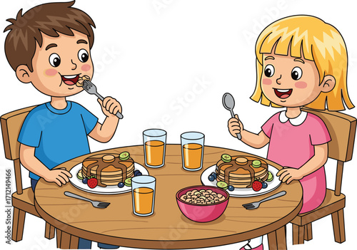 “Two children eating pancakes with fruit, boy and girl at breakfast table, orange juice, cereal bowl, happy kids morning illustration”