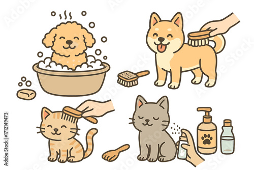 Pet grooming vector icon set. Cute cartoon dog and cat hygiene care concept. Poodle in bath, shiba inu brushing, cat grooming. Illustration for pet salon, washing, care.