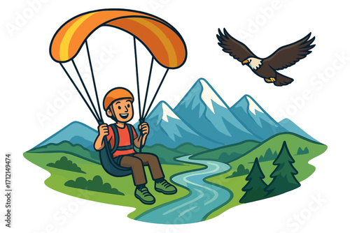 Paraglider flying over a mountain valley with a river. Extreme sport adventure concept. Man on a paraglide with an eagle. Outdoor recreation, travel, freedom, leisure vector.