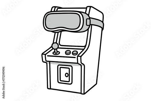 Retro arcade game with VR headset. Metaphor for the evolution of gaming from 80s classic to modern virtual reality. Future of entertainment concept vector line art.
