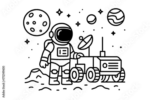 Astronaut with lunar rover on moon surface. Space exploration line art cartoon. Vector illustration of cosmonaut on a planet mission. Spaceman discovery in galaxy and universe.
