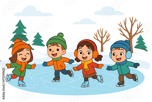 Winter fun kids ice skating on frozen pond. Happy children in winter clothes. Boys and girls friends outdoor activity. Childhood sport recreation. Cartoon vector illustration.