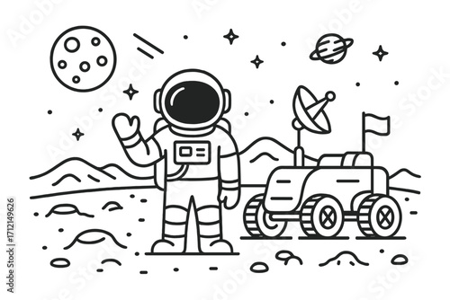 Space exploration vector icon. Astronaut on moon or mars planet with rover. Spaceman in outer cosmos. Galaxy discovery mission. Science cartoon line art illustration.