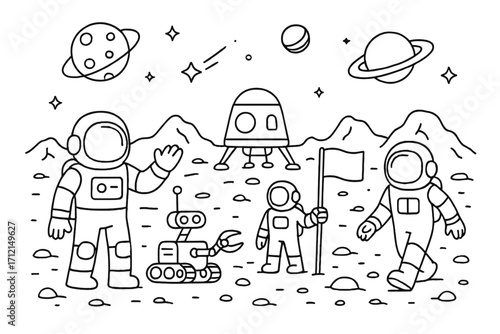 Space exploration outline set. Astronauts, robot rover, and spaceship on moon or alien planet. Cosmonaut discovery mission. Cartoon vector for coloring book page. Galaxy scene.